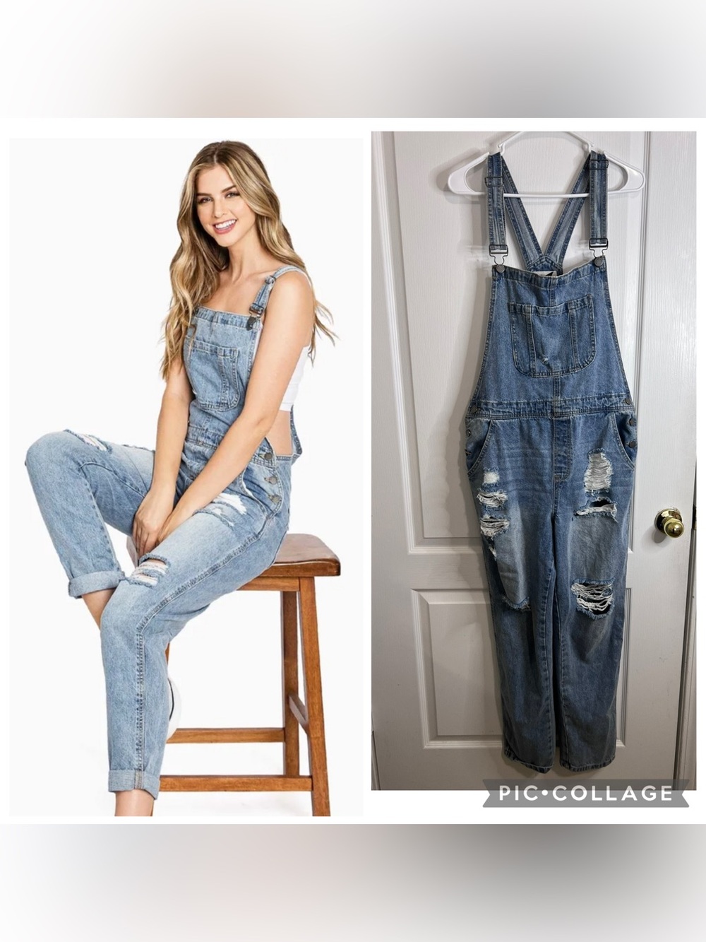 C’ est toi Black Label Light Blue Distressed Denim Overalls size L